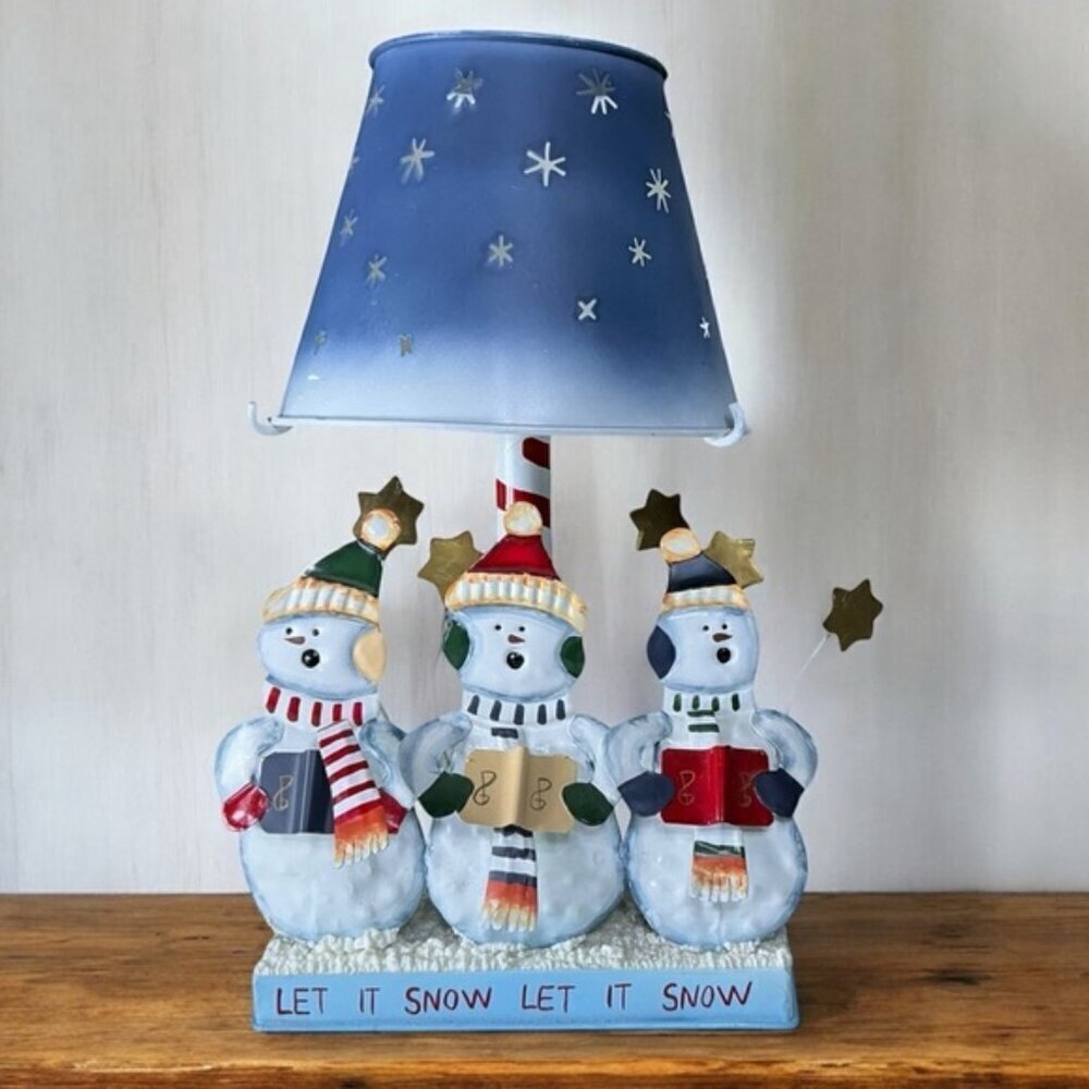 Vintage Tea Light Lamp Snowmen Caroling Pierced Metal Blue Shade Large 12 Inch